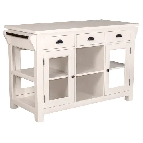 Остров кухонный Брюгге со стеклянными дверьми и выдвижными ящиками, с сосновой столешницей