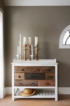 Комод с разноцветными ящиками Дерево с историей в интерьере светлой комнате